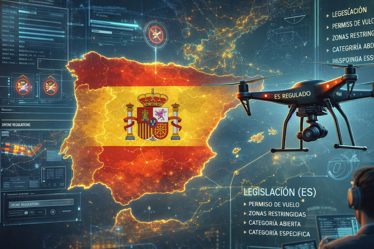 Esquema resumido de la normativa española de drones: categorías, requisitos de operador y zonas de vuelo