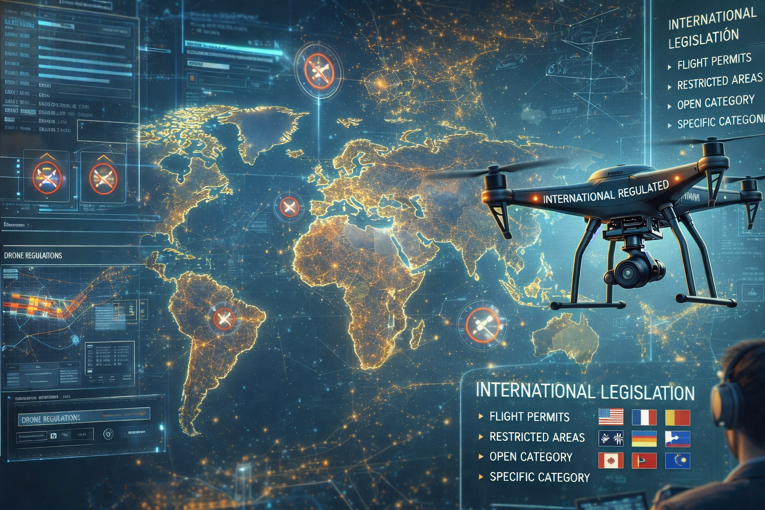 Esquema de legislación internacional aeronáutica para drones y estándares de seguridad aérea global